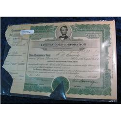 309. 1928 Lincoln Gold Corporation Stock Certificate for 5,000 shares.