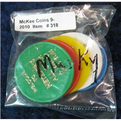 318. (5) Different colored Hetzler's All Star "Good for $1" Tokens.