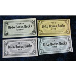 323. 1950 era Alaska "Bi-lo Bonus Bucks" Scrip. 1, 10, & 20.