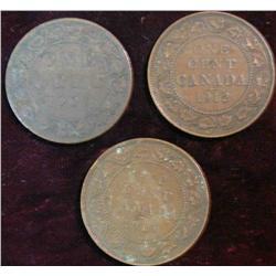 435. 1907, 12, & 13 Canada Large Cents. VG-F.