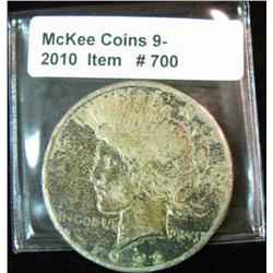 700. 1922 S U.S. Peace Silver Dollar. VG-8. Dark toned.