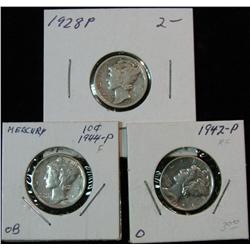842. 1928P VG, 42P AU & 44P AU Mercury Dimes.