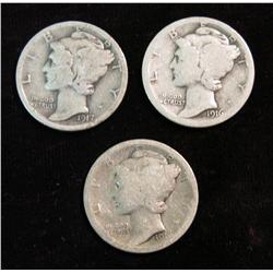 1190. 1916, 16S & 17P Mercury Dimes. AG-G.