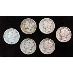 1193. 1928P,D,S, 1931P,D & S Mercury Dimes. VG-F.