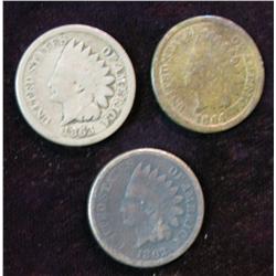 1195. 1862, 63 CN & 64 Br. Indian Head Cents. G.