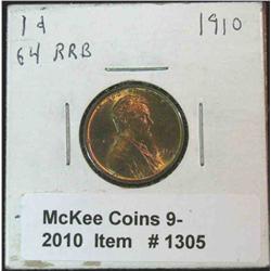 1305. 1910 P Lincoln Cent. MS 64 Red red brown. 