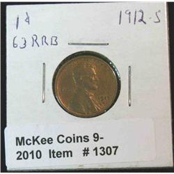 1307. 1912 S Lincoln Cent. MS 63 Red-brown.