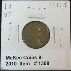 1308. 1913 S Lincoln Cent. VF 20.