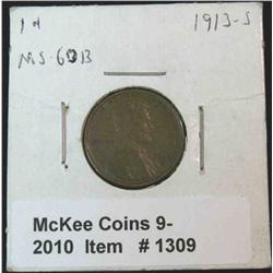 1309. 1913 S Lincoln Cent. Brown Unc.