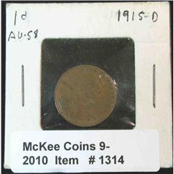 1314. 1915 D Lincoln Cent. AU 58.
