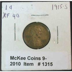 1315. 1915 S Lincoln Cent. EF 40.