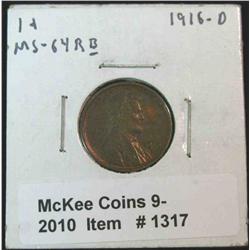 1317. 1916 D Lincoln Cent. Red-brown MS 64.