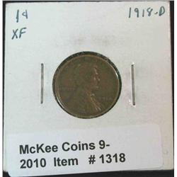 1318. 1918 D Lincoln Cent. EF 40.