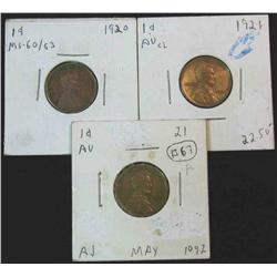 1320. 1920 P & (2) 21 P Lincoln Cents. AU-Unc.