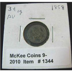 1344. 1858 U.S. Three Cent Silver. Purple toned AU 50.