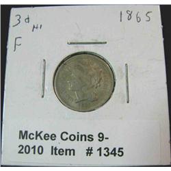 1345. 1865 U.S. Three Cent Nickel. F-12.