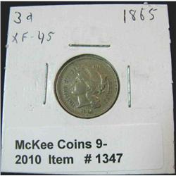 1347. 1865 U.S. Three Cent Nickel. EF 45.