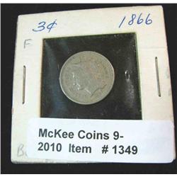 1349. 1866 U.S. Three Cent Nickel. F-12.