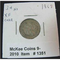1351. 1868 U.S. Three Cent Nickel. EF. Corrosion.