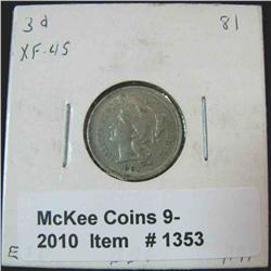 1353. 1881 U.S. Three Cent Nickel. EF 45.