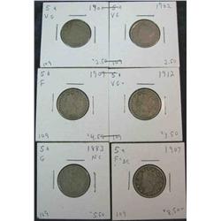 1354. 1883NC, 1900, 02, 07, 09, & 12 Liberty Nickels. Good to Fine.