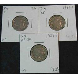 1357. 1929 S, 34P, & 35S Buffalo Nickels. F-EF.