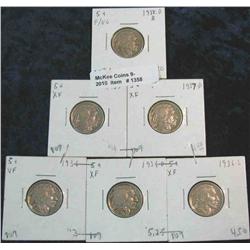 1358. 1936P, D, S, 37P, D, & 38D Buffalo Nickels. VG-EF.