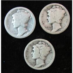 1362. 1916P, S, & 17 S Mercury Dimes. AG-G.