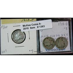 1363. 1918 P, D, & S Mercury Dimes. G-F.