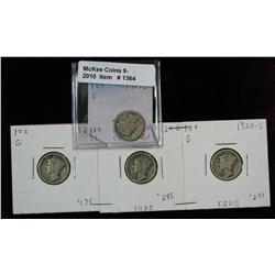 1364. 1919S, 20P, D, & S Mercury Dimes. G-VG.