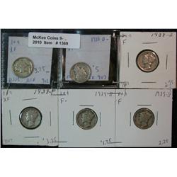 1369. 1938P, D, S, 39P, D, & S Mercury Dimes. F-EF.