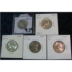 1377. 1936D G, 59D Unc, 64P BU, 85P MS 64, & 89P MS 64 Quarters.