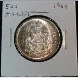 1381. 1964 Canada Half Dollar. Brilliant MS 63 Prooflike.