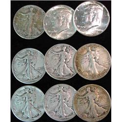 1558. $4.50 face value in 90% Silver Kennedy & Walking Liberty Half Dollars.