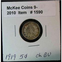 1590. 1919 Canada Five Cent Silver. Choice Toned BU.