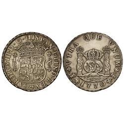 Spanish Monarchy: Charles Iii - 8 Reales. 1770. POTOSÍ. J.R. Columnario. Restos de brillo original. 