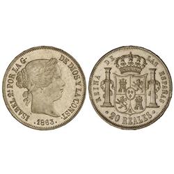 Spanish Monarchy: Elisabeth Ii - 20 Reales. 1863. BARCELONA. Pátina. Restos brillo original. RARA. C