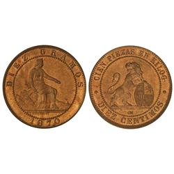 Peseta System: Provisional Government And I Republic - 10 Céntimos. 1870. BARCELONA. O.M. Color y br