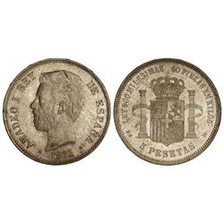Peseta System: Amadeo I - 5 Pesetas. 1871 (*18-74). D.E.-M. Pátina y brillo originales. BELLO EJEMPL