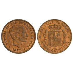Peseta System: Alfonso Xii - 5 Céntimos. 1877. BARCELONA. O.M. Pátina y brillo originales. (Pequeñas