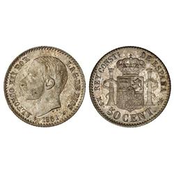 Peseta System: Alfonso Xii - 50 Céntimos. 1881 (*8-1). M.S.-M. Pátina y brillo originales. SC. 