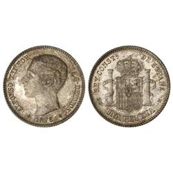 Peseta System: Alfonso Xii - 1 Peseta. 1876 (*18-76). D.E.-M. Pátina y brillo originales. MAGNÍFICA 