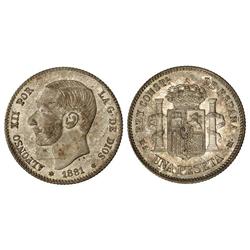 Peseta System: Alfonso Xii - 1 Peseta. 1881 (*18-81). M.S.-M. Pátina y brillo originales. RARA ASÍ. 