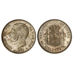 Peseta System: Alfonso Xii - 1 Peseta. 1883 (*18-83). M.S.-M. Pátina y brillo originales. MAGNÍFICO 