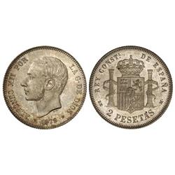 Peseta System: Alfonso Xii - 2 Pesetas. 1879 (*18-79). E.M.-M. Pátina y brillo originales. RARA EN E