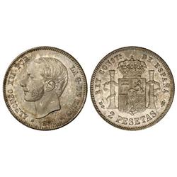 Peseta System: Alfonso Xii - 2 Pesetas. 1881 (*18-81). M.S.-M. Pátina y brillo originales. BONITA PI