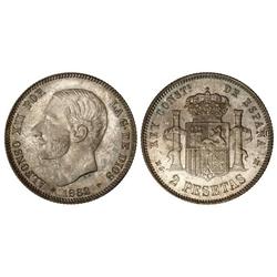 Peseta System: Alfonso Xii - 2 Pesetas. 1882 (18-82). M.S.-M. Bonita pátina irisada. Brillo original