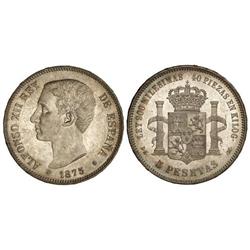 Peseta System: Alfonso Xii - 5 Pesetas. 1875 (*18-75). D.E.-M. Pátina y brillo originales. MAGNÍFICO