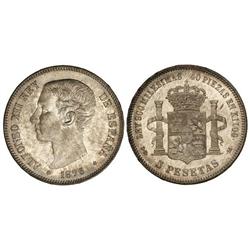 Peseta System: Alfonso Xii - 5 Pesetas. 1876 (*18-76). D.E.-M. Pátina y brillo originales. BELLO EJE