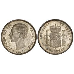 Peseta System: Alfonso Xii - 5 Pesetas. 1877 (*18-77). D.E.-M. Pátina y brillo originales. (Pequeñas